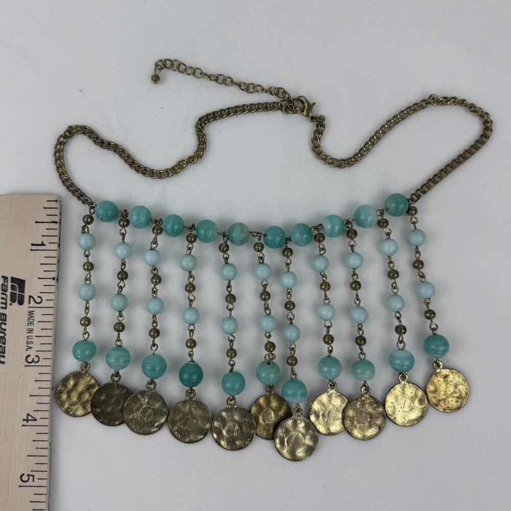 Vtg Multi-Strand Faux Jade Beaded Necklace 21" Brass Discs Art Deco Statement - Picture 7 of 9
